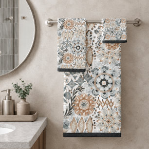 Light Terracotta Grey Botanical Pattern Bath Towel Set