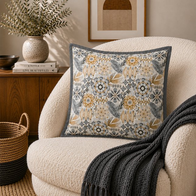 Light Terracotta Grey Botanical Pattern Throw Pillow (Creator Uploaded)