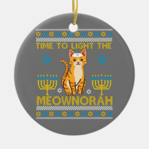 Light The Meownorah Jewish Cat Menorah Lover Ugly Ceramic Ornament