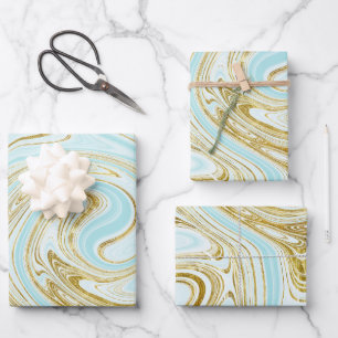 Light Turquoise and Gold Marble Look Wrapping Paper Sheet