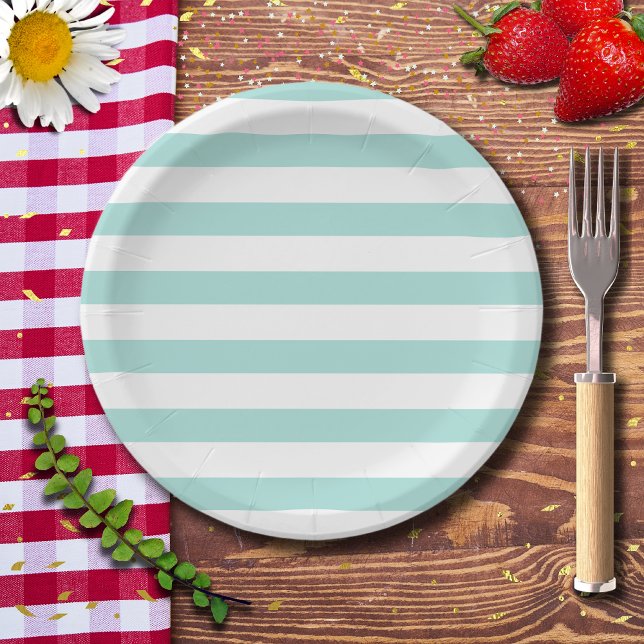 Light Turquoise and White Wide Horizontal Striped Paper Plate (Creator Uploaded)