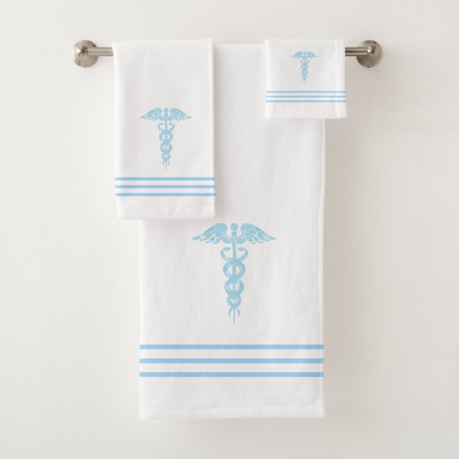 Light Turquoise Blue Caduceus & Stripes on White Bath Towel Set (Insitu)