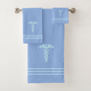 Light Turquoise Caduceus & Stripes on Sky Blue Bath Towel Set