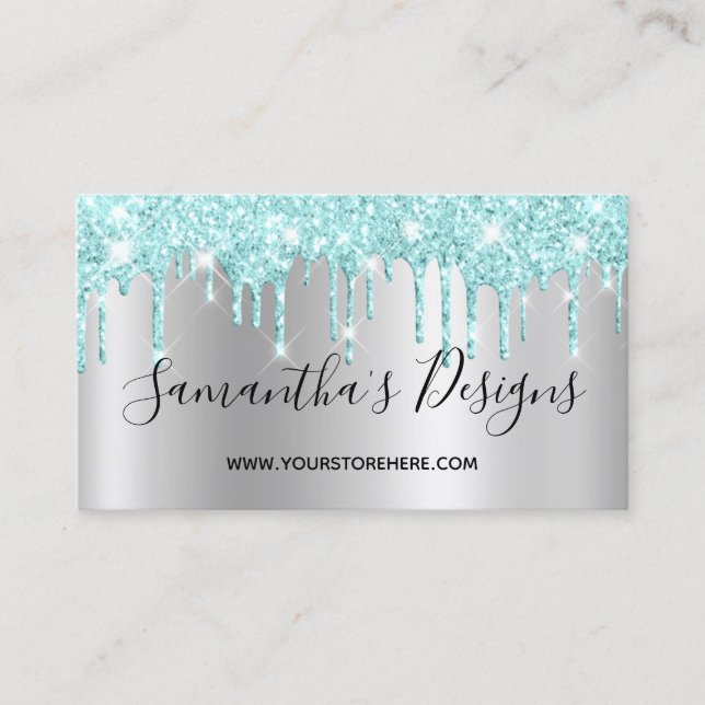 Light Turquoise Glitter Drips Silver Ombre Business Card (Front)