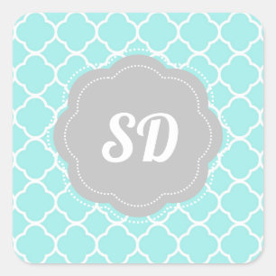 Light Turquoise Quatrefoil Custom Monogram Square Sticker