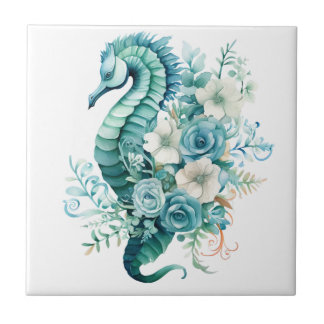 Light Turquoise Seahorse Ceramic Tile