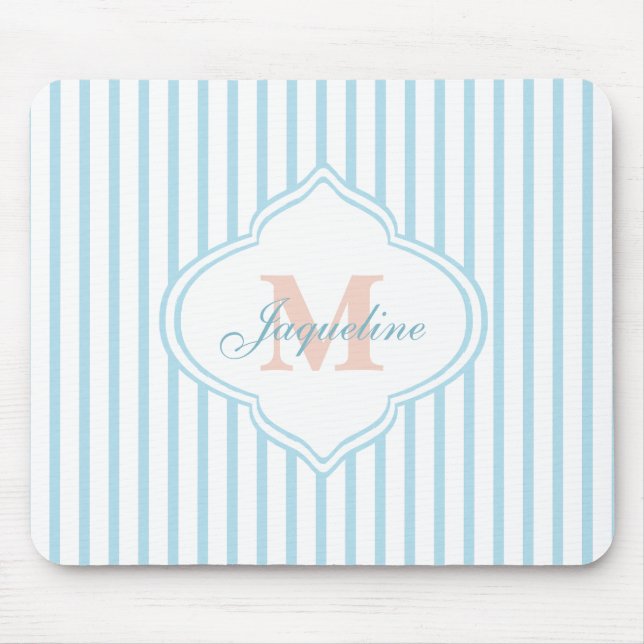 Light Turquoise Stripe Monogram Mouse Pad (Front)