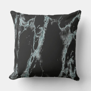 Light Turquoise Vein Black Marble Look Outdoor Pillow