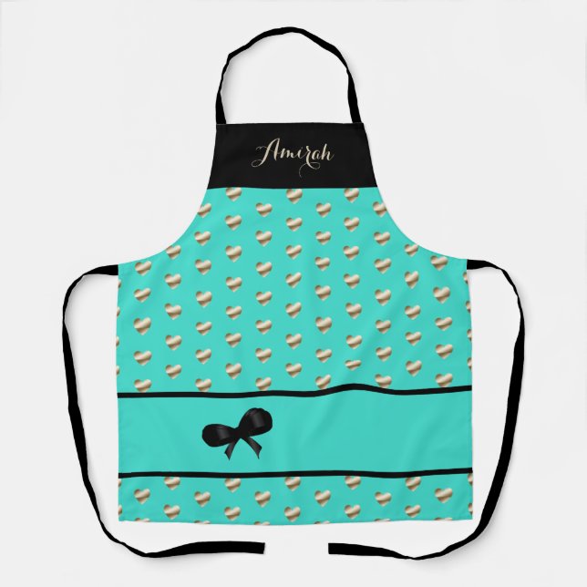 Light Turquoise with Gold Hearts Kitchen Apron (Front)