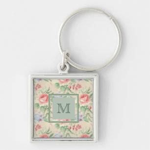 Light Vintage Pink Floral Pattern Monogram Keychain