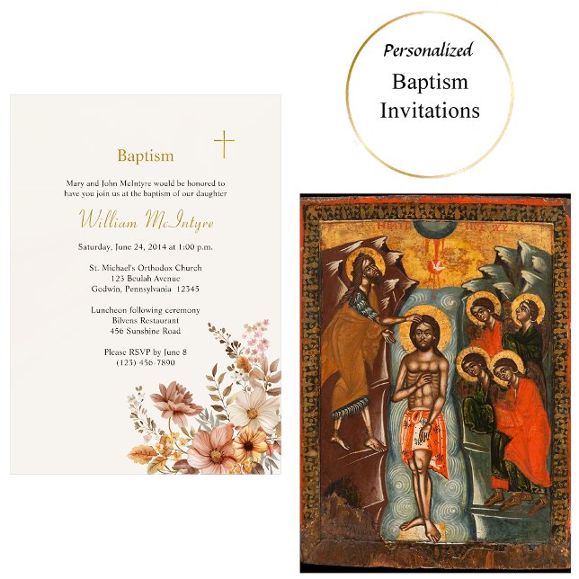 Light Wine Boho Flowers Leaves Orthodox Baptism Invitation (Creator Uploaded)
