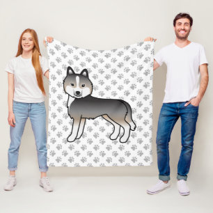 Light Wolf Grey Siberian Husky Cartoon Dog & Paws Fleece Blanket