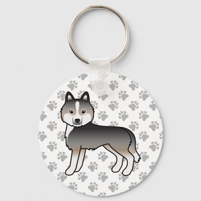 Light Wolf Grey Siberian Husky Cartoon Dog & Paws Keychain (Front)
