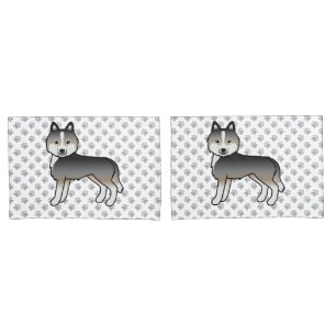 Light Wolf Grey Siberian Husky Cartoon Dog & Paws Pillowcase