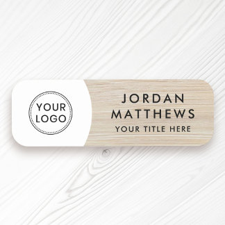 Light wood custom logo, name and title white tag