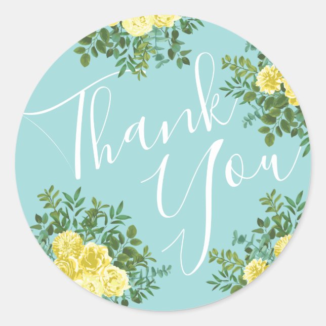 Light Yellow Aqua Teal Rose Floral Wedding Classic Round Sticker (Front)