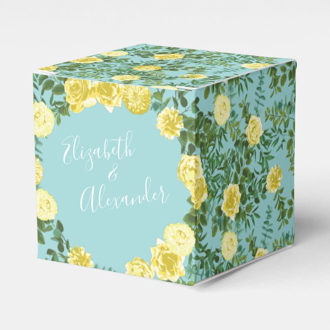 Light Yellow & Aqua Teal Rose Floral Wedding Favor Box (Front Side)