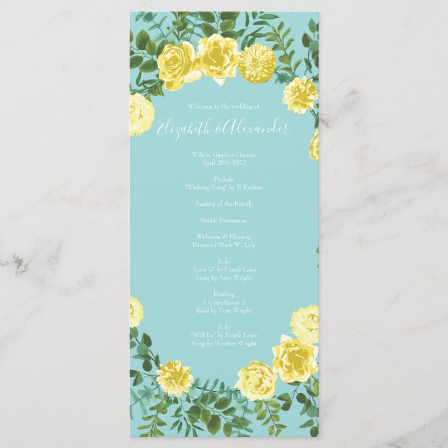 Light Yellow Aqua Teal Rose Wedding Programs (Front)