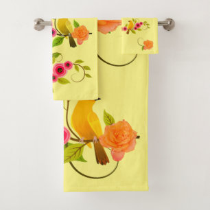 Light Yellow - Bird & Yellow Rose Bath Towel Set