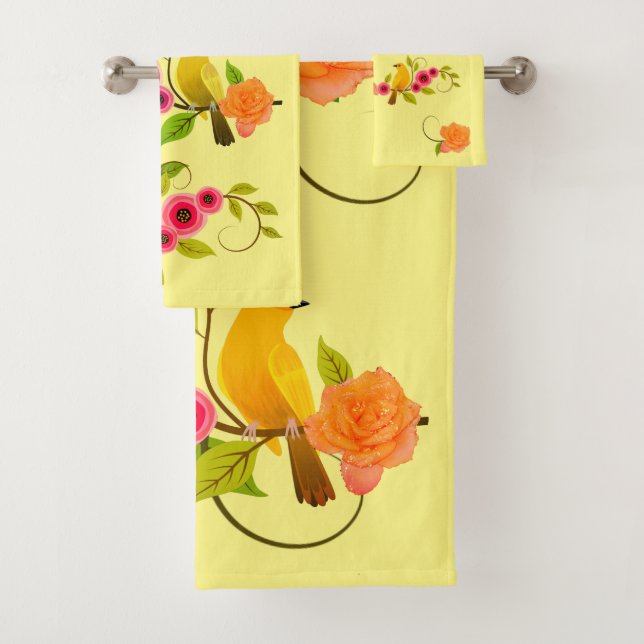 Light Yellow - Bird & Yellow Rose Bath Towel Set (Insitu)