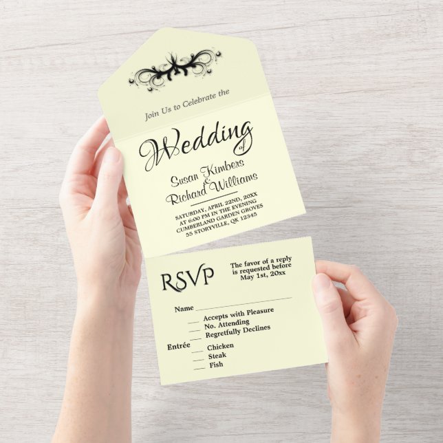 Light Yellow & Black Tri Fold  Rsvp Wedding All In One Invitation (Tearaway)
