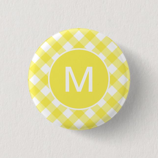 Light Yellow Classic Gingham Pattern Monogram 1 Inch Round Button (Front)