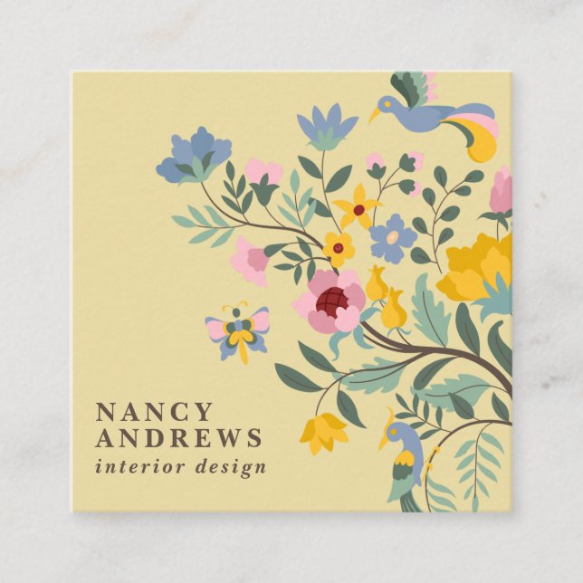Light yellow floral bouquet whimsical illustration square business card (Front)