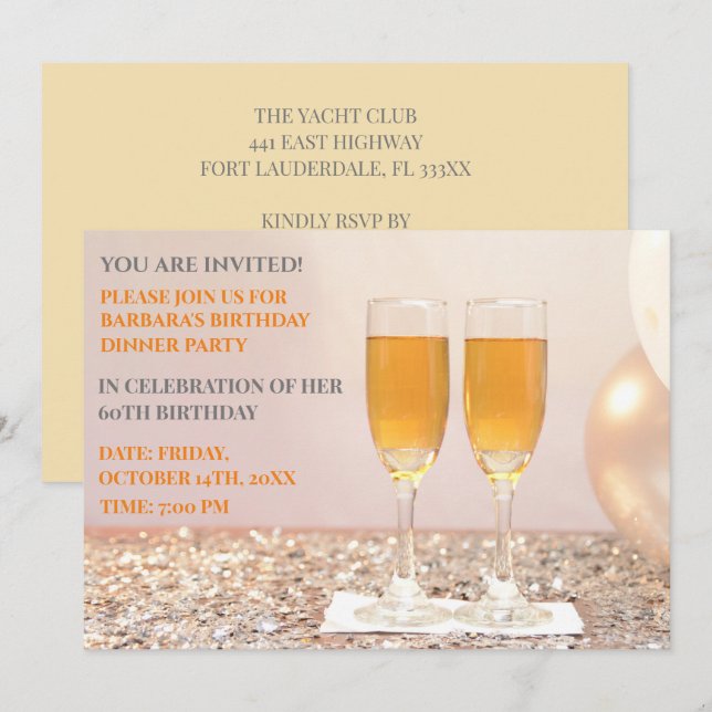Light yellow gold 60th birthday champagne  invitation (Front/Back)