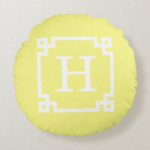 Light Yellow Greek Key Frame #2 Initial Monogram Round Pillow