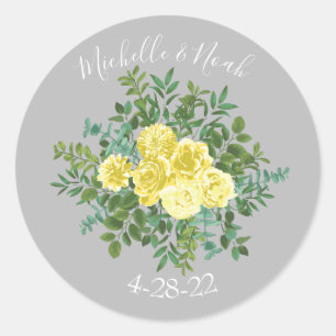 Light Yellow & Grey Peony & Rose Floral Wedding Classic Round Sticker