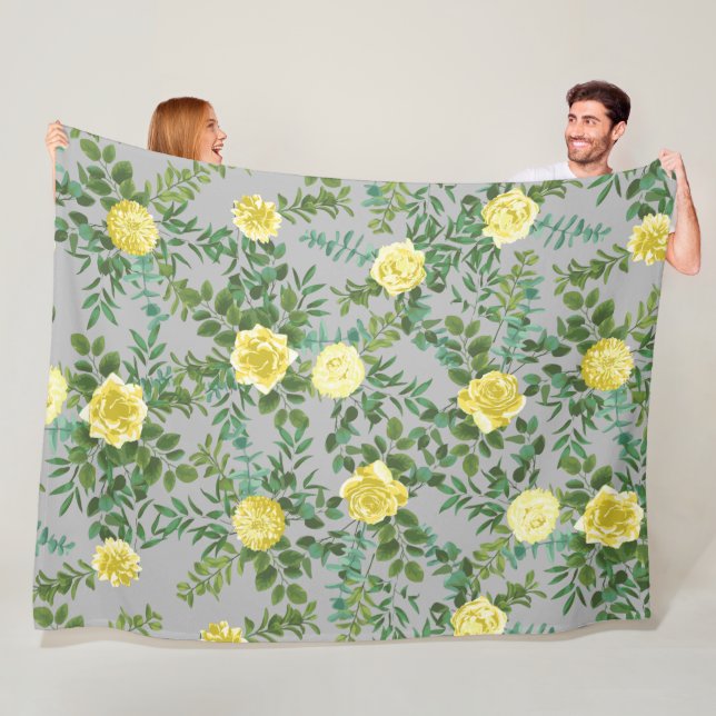 Light Yellow & Grey Peony & Rose Floral Wedding Fleece Blanket (In Situ)