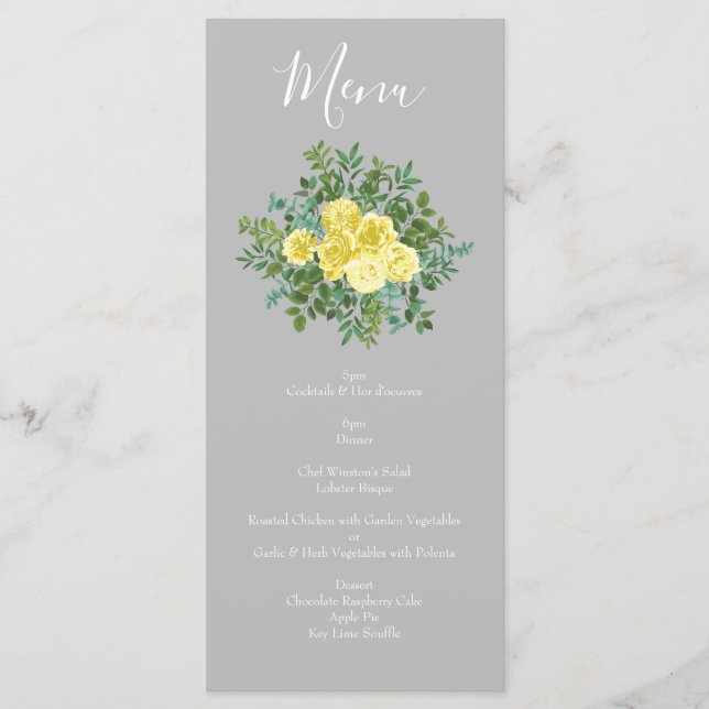 Light Yellow & Grey Peony Rose Floral Wedding Menu (Front)