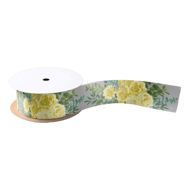 Light Yellow & Grey Peony & Rose Floral Wedding Satin Ribbon (Spool)