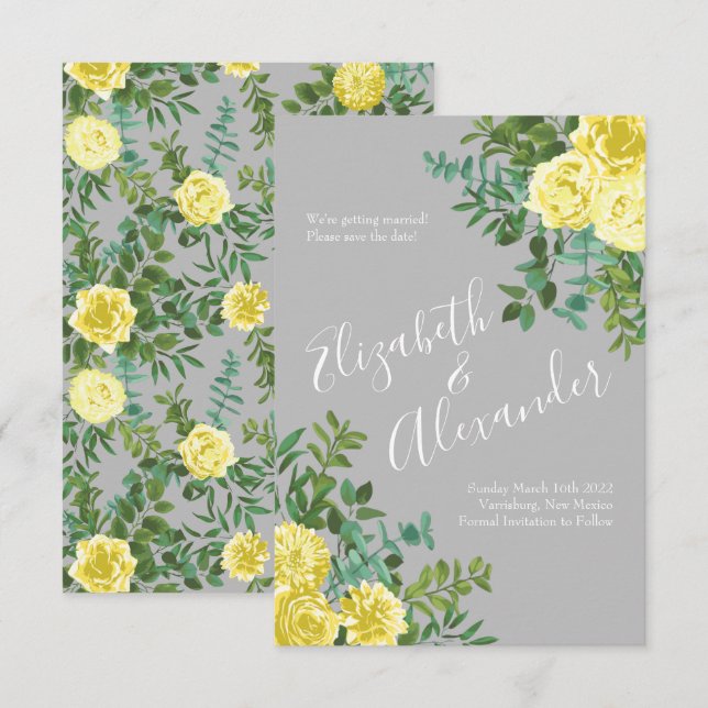 Light Yellow & Grey Rose Floral Wedding Save Date Invitation (Front/Back)