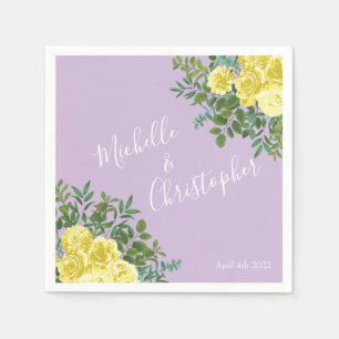 Light Yellow & Lilac Purple Rose Floral Wedding Napkin