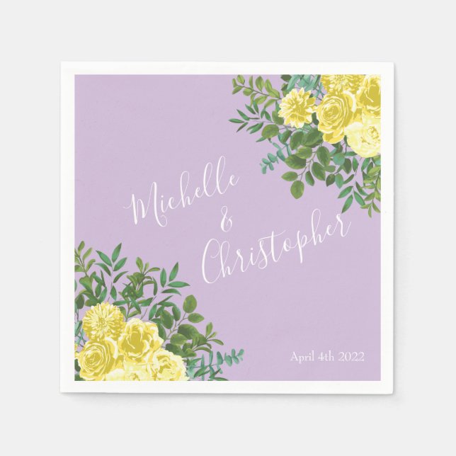 Light Yellow & Lilac Purple Rose Floral Wedding Napkin (Front)