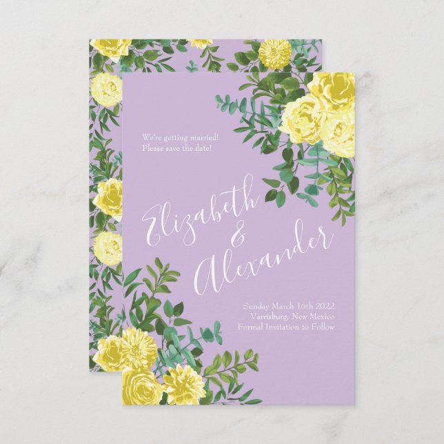 Light Yellow & Lilac Purple Rose Wedding Save Date Invitation (Front/Back)