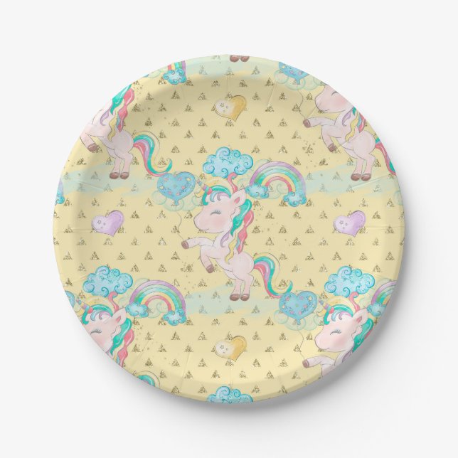 Light Yellow Magical Unicorn Pattern Paper Plate (Front)