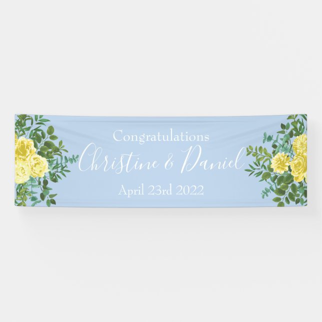 Light Yellow & Pale Blue Rose Floral Wedding Banner (Horizontal)