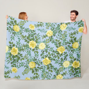 Light Yellow & Pale Blue Rose Floral Wedding Fleece Blanket