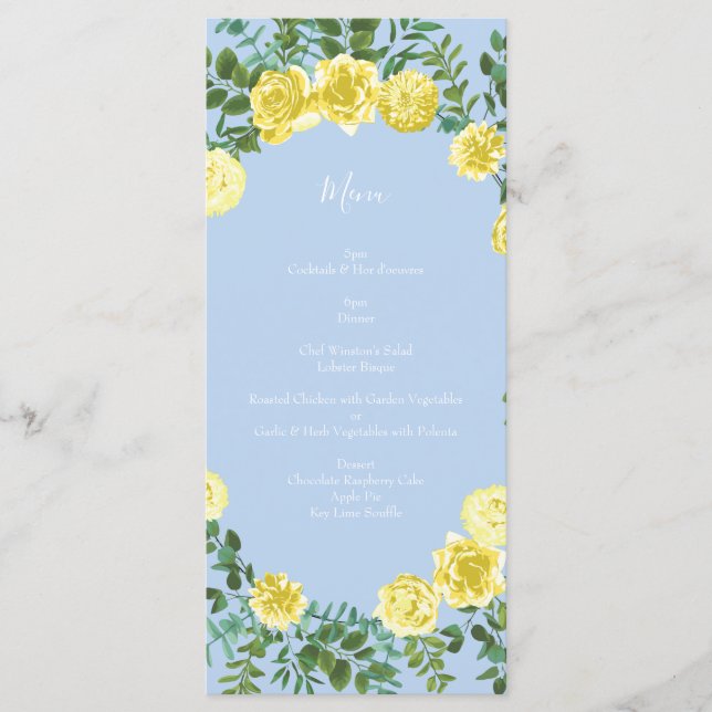 Light Yellow Pale Blue Rose Floral Wedding Menu (Front)