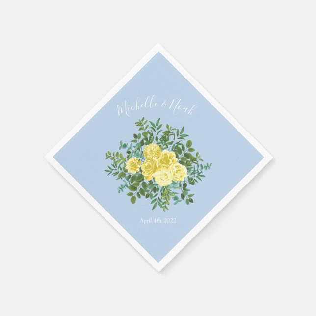 Light Yellow & Pale Blue  Rose Floral Wedding Napkin (Corner)