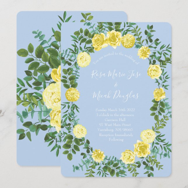 Light Yellow Pale Blue Rose Wedding Invitations (Front/Back)