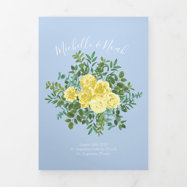 Light Yellow & Pale Blue Rose Wedding Programs Tri-Fold Programme (Cover)
