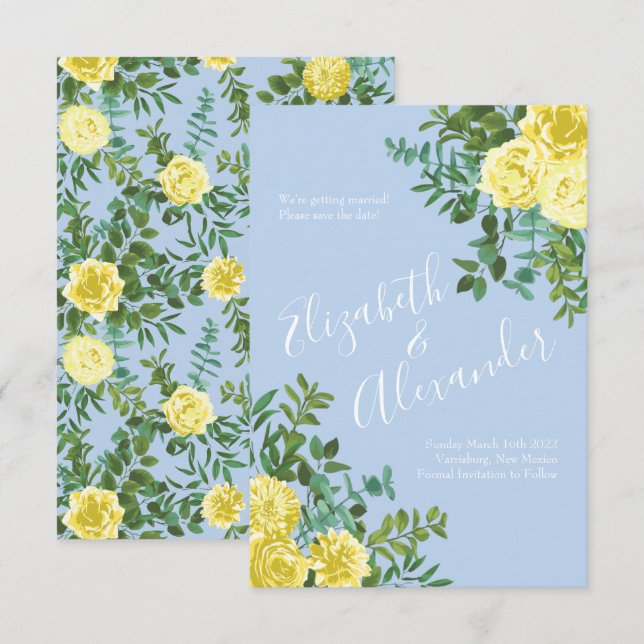 Light Yellow & Pale Blue Rose Wedding Save Date Invitation (Front/Back)