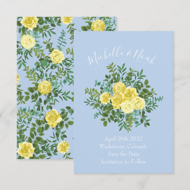 Light Yellow & Pale Blue Rose Wedding Save Date Invitation (Front/Back)