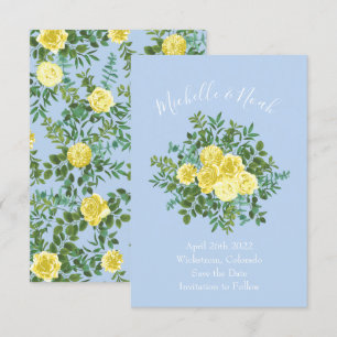 Light Yellow & Pale Blue Rose Wedding Save Date Invitation