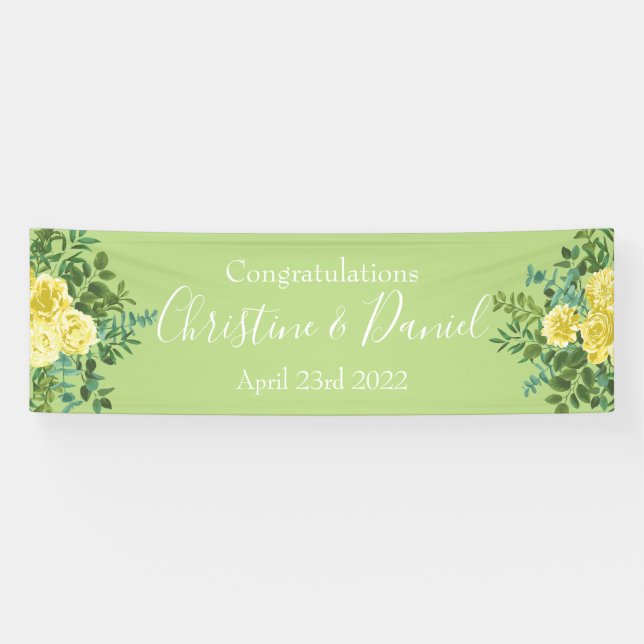 Light Yellow & Pale Green Rose Floral Wedding Banner (Horizontal)