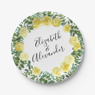 Light Yellow Pastel Peony & Rose Floral Wedding Paper Plate