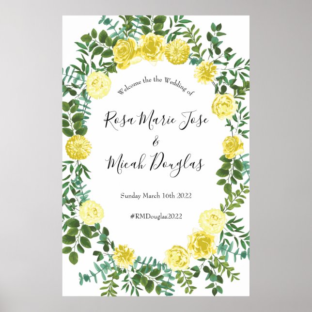 Light Yellow Pastel Peony & Rose Floral Wedding Poster (Front)
